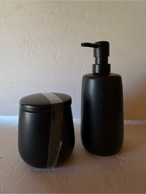 NEW - 2pc: Soft Matte Black Ceramic Bathroom Soap Dispenser and Container